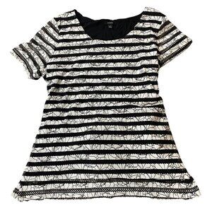 Alfani Black White Stripe Lace Floral Short Sleeve Tunic Top Ties in Back Large